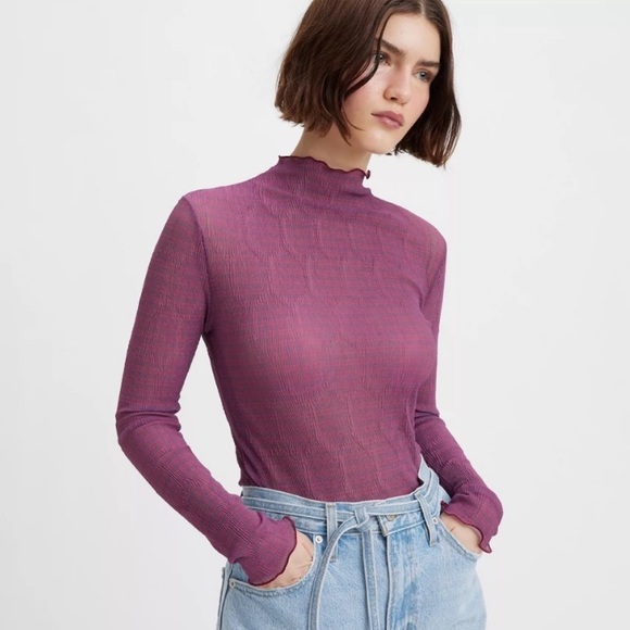 Levi’s Second Skin Mockneck Festival Blouse With Lettuce Edge Trim Size XL - Picture 2 of 8